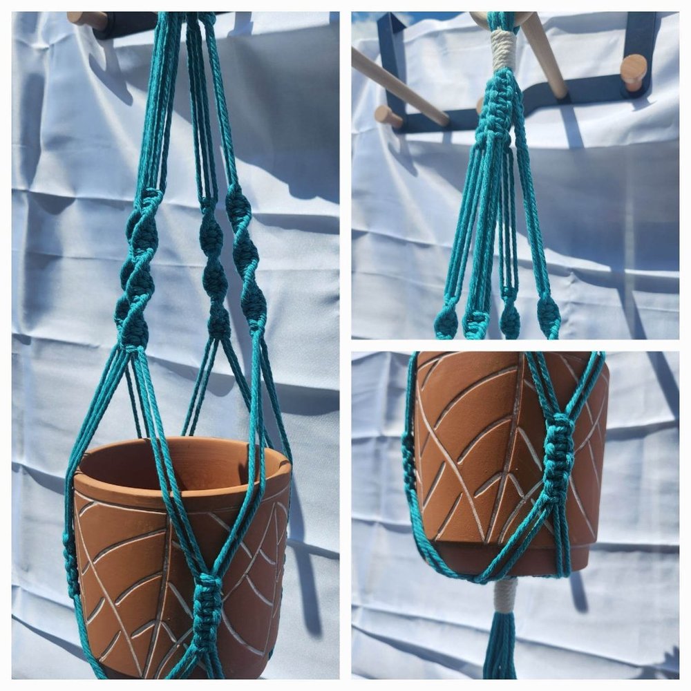 Handmade Homemade Macrame Plant Hanger in Aqua